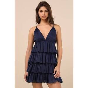 Lulus The Party's Tier Navy Organza Tiered Backless Mini Dress Blue - Size L